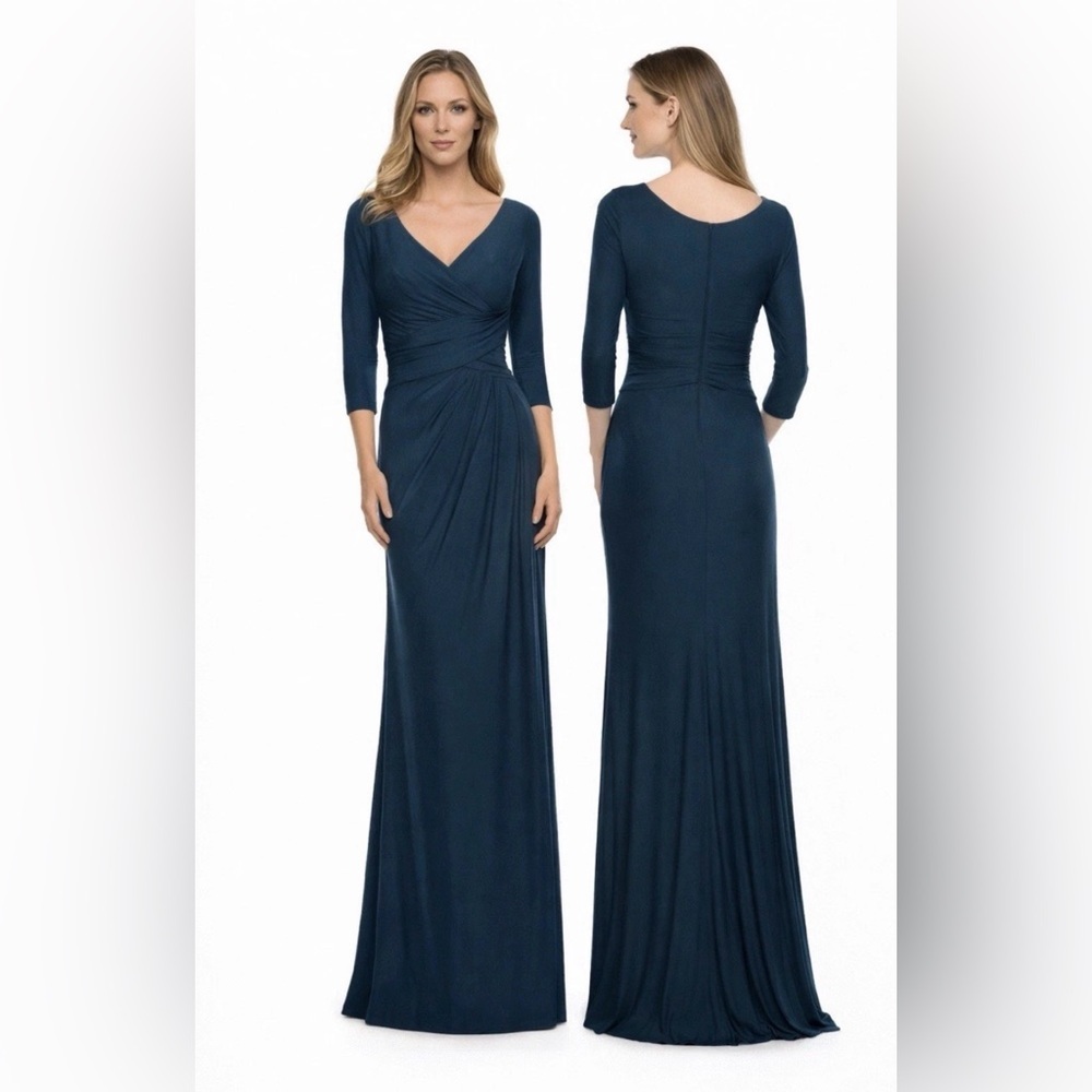 La Femme Formal Gown |8 Teal Blue Ruched Jersey Elbow Sleeve Wedding Guest NEW